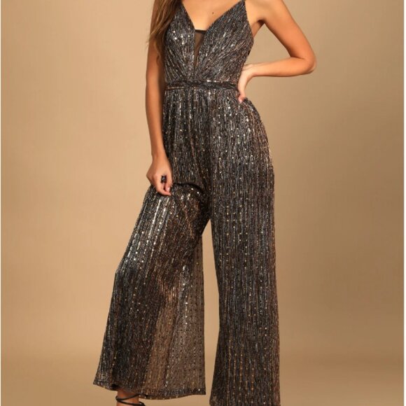 Disco Party Black Multi Metallic Wide-Leg Jumpsuit - Picture 1 of 3